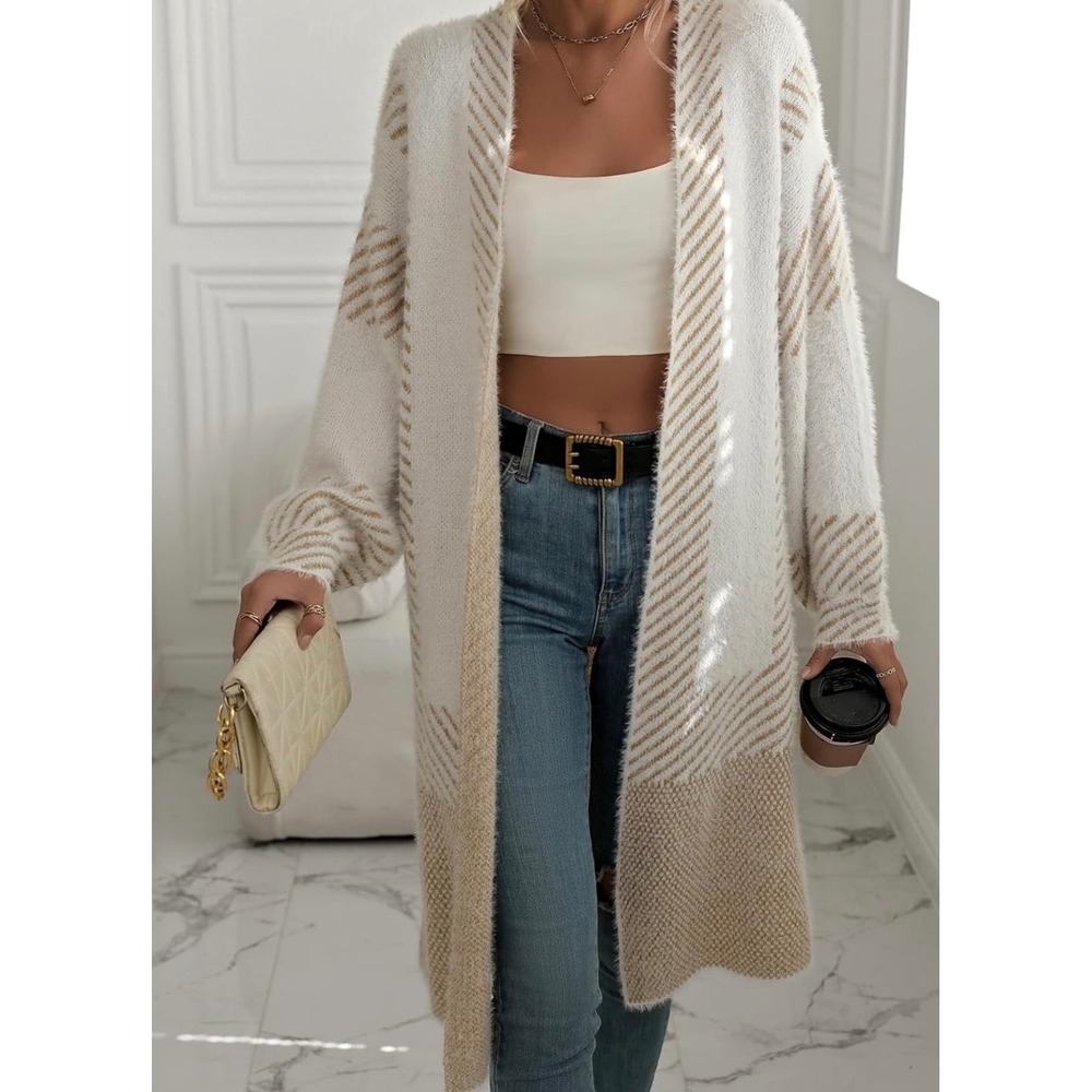 Boho Duster Cardigan Granny Cream Tan Stripe Faux Fur Knit Open‎ Front Women's L